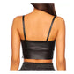 Back view of the women's black real leather corset top showcasing the clean horizontal paneling, straight dual straps, and a side zipper closure hint