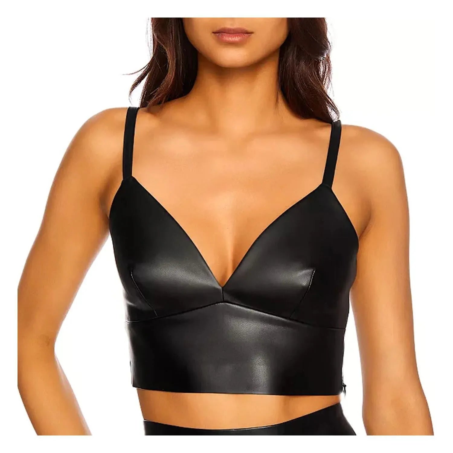 Front view of The Lyra women's black genuine leather bralette crop top featuring a structured sweetheart v-neckline and supportive shoulder straps