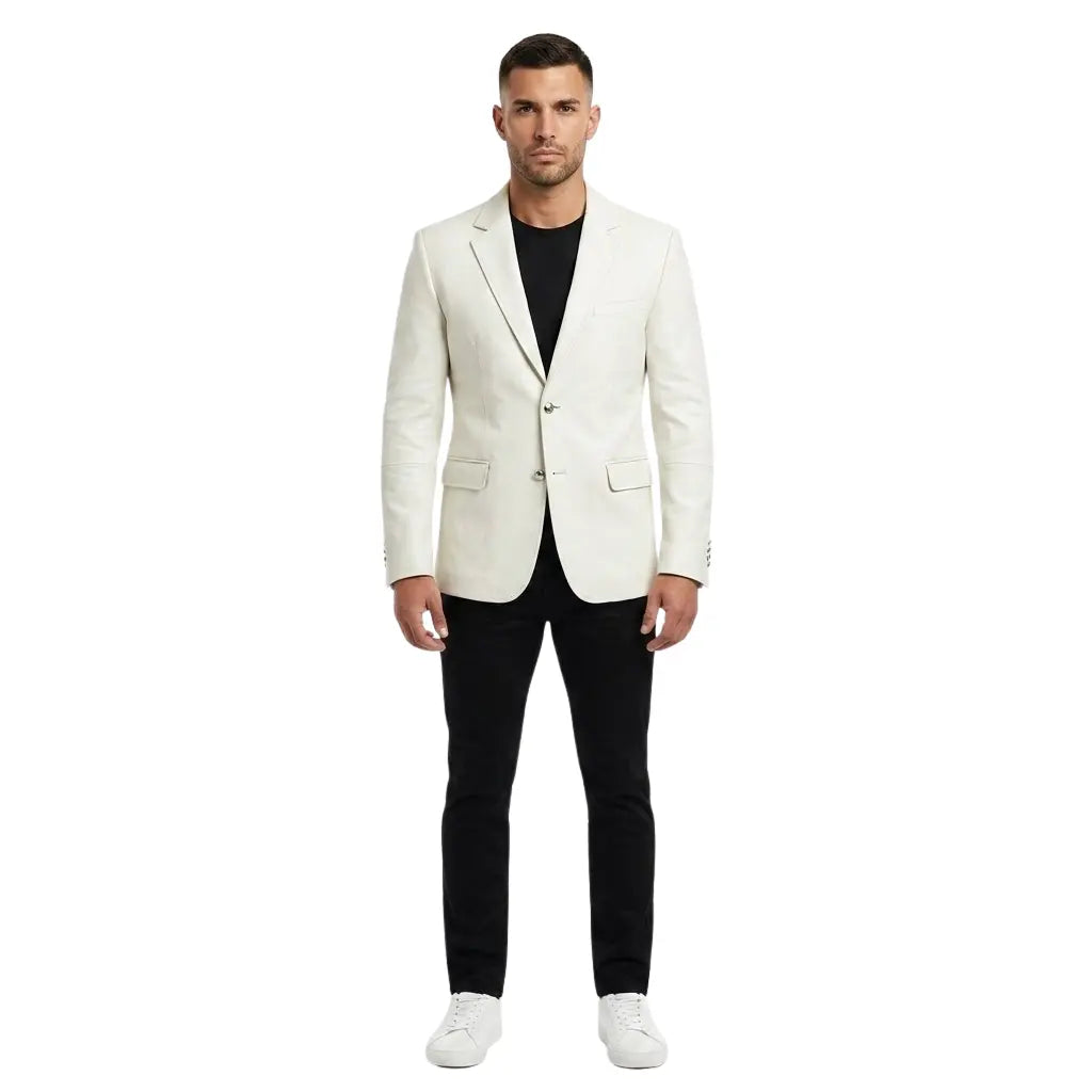 The Monaco mens genuine white cowhide leather blazer front view slim tailored silver chrome buttons by Trico Gear
