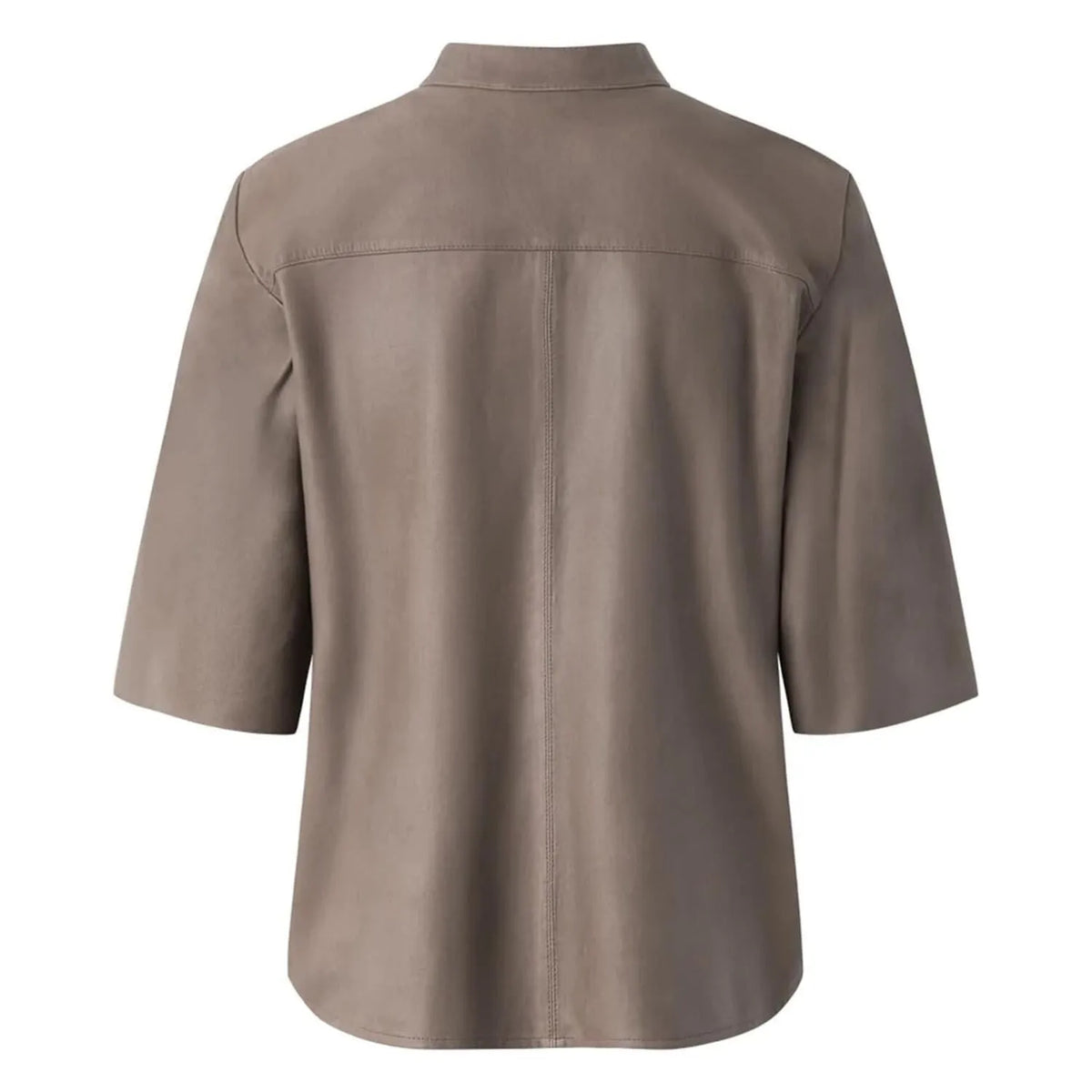 Back view of The Nero Women's Leather Shirt Mud Grey highlighting the straight horizontal shoulder yoke seam, fine vertical center stitching, and relaxed curved hem