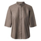 Front view of The Nero Women's Leather Shirt Mud Grey showcasing its minimalist mandarin band collar, hidden button placket, and tailored elbow-length sleeves