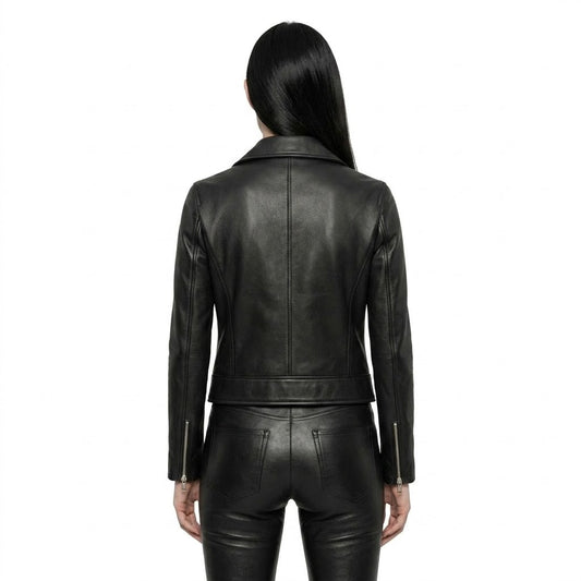 The Nova womens genuine black cowhide leather cropped jacket back view structured shoulders cropped hem by Trico Gear