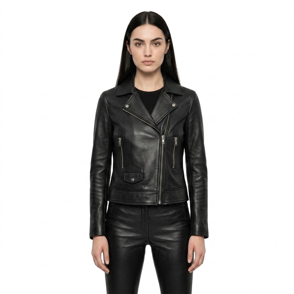 The Nova womens genuine black cowhide leather cropped jacket front view notch lapels silver zipper hardware by Trico Gear