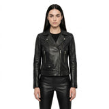 The Nova womens genuine black cowhide leather cropped jacket front view notch lapels silver zipper hardware by Trico Gear