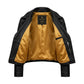 The Nova womens black genuine leather cropped jacket inner deep gold satin lining notch lapel detail by Trico Gear