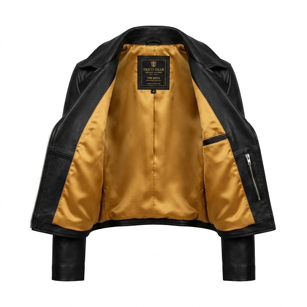 The Nova womens black genuine leather cropped jacket inner deep gold satin lining notch lapel detail by Trico Gear