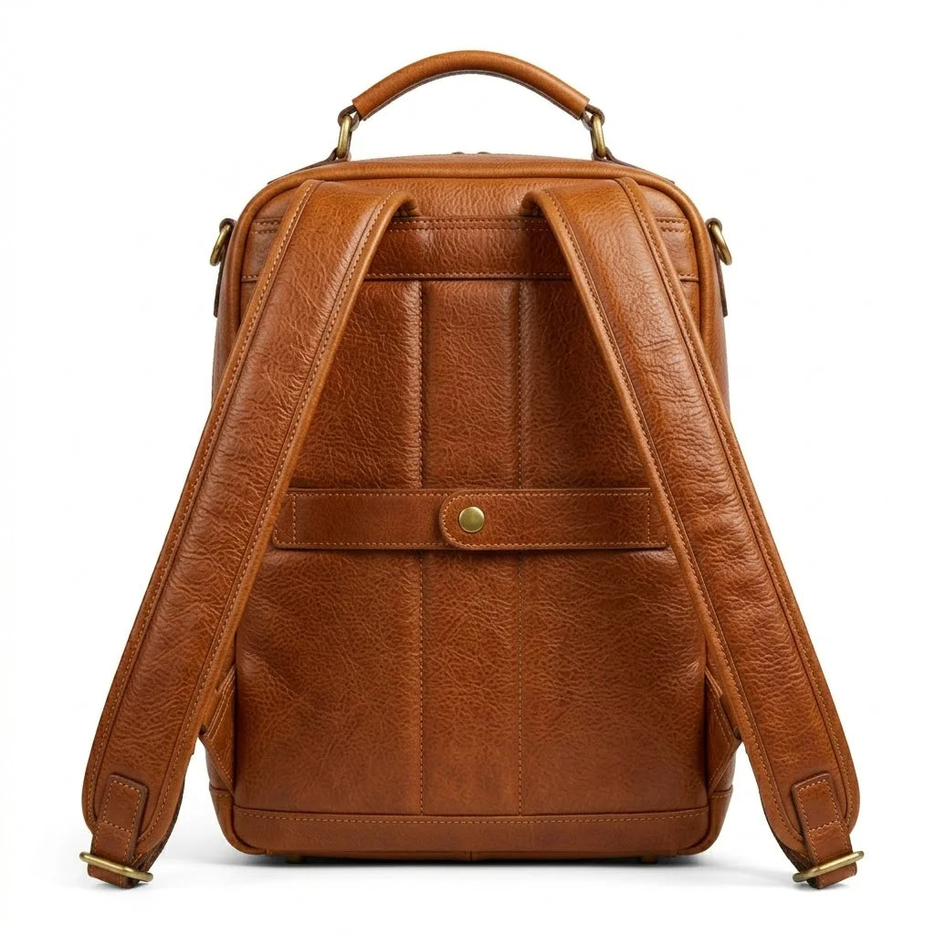 The Pemberton genuine brown cowhide leather backpack back view padded shoulder straps antique brass adjusters by Trico Gear
