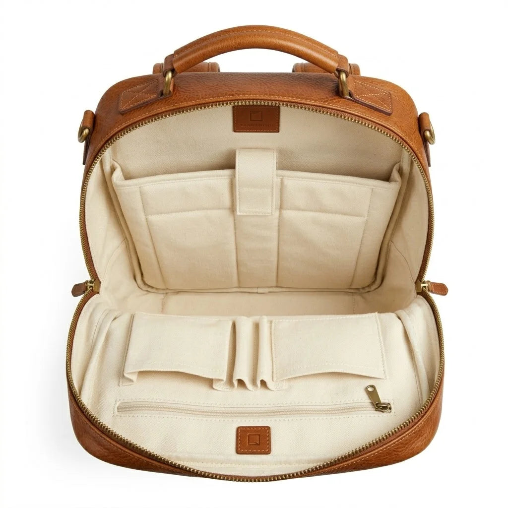 The Pemberton genuine brown leather backpack open interior cream canvas lining padded laptop sleeve organiser panel by Trico Gear