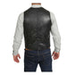 Back view of The Petrelli Black Mens Leather Traditional Waistcoat revealing its tailored center panel seam and adjustable waist cinch strap with a metal buckle