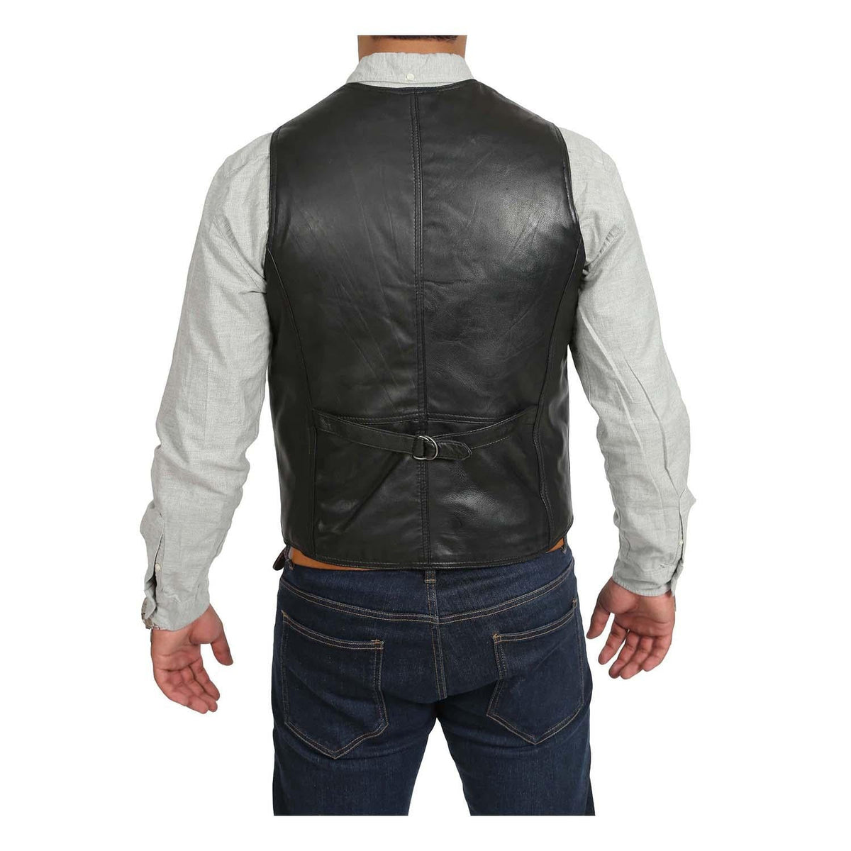 Back view of The Petrelli Black Mens Leather Traditional Waistcoat revealing its tailored center panel seam and adjustable waist cinch strap with a metal buckle