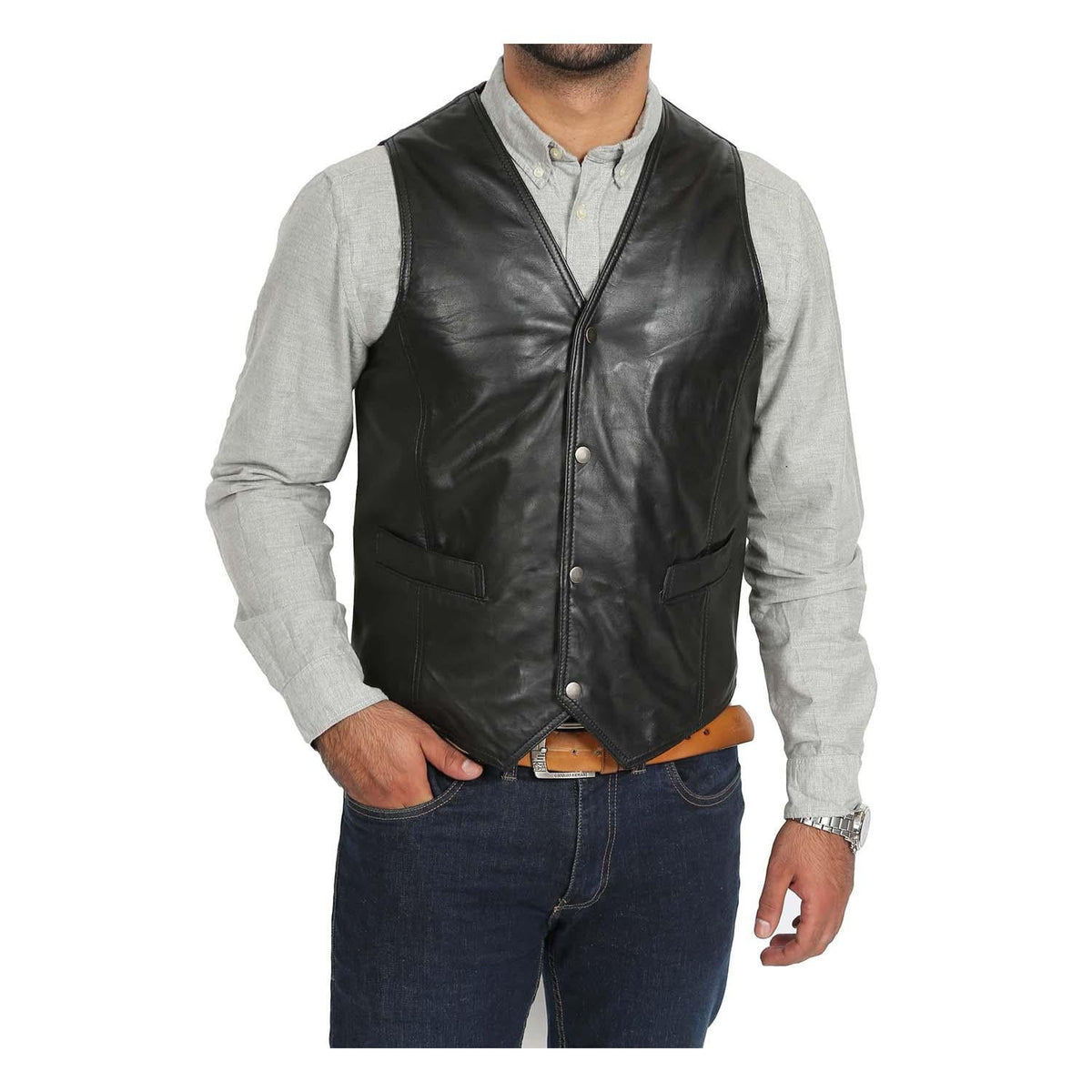 Front view of The Petrelli Black Mens Leather Traditional Waistcoat featuring a V-neckline, a four-button snap front closure, and dual front slash pockets