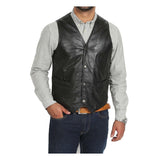 Front view of The Petrelli Black Mens Leather Traditional Waistcoat featuring a V-neckline, a four-button snap front closure, and dual front slash pockets