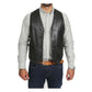 Front open view of The Petrelli Black Mens Leather Traditional Waistcoat on a model, showcasing the interior clean-cut styling and snap fasteners