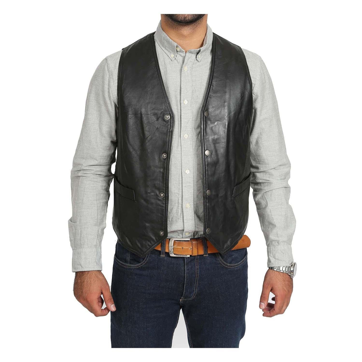 Front open view of The Petrelli Black Mens Leather Traditional Waistcoat on a model, showcasing the interior clean-cut styling and snap fasteners