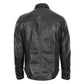 Back view of the classic black leather trucker-style shirt highlighting the straight horizontal shoulder yoke and structured twin-needle vertical panel seams