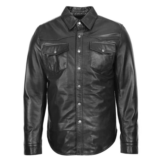 Front view of The Phoenix Classic Black Mens Leather Shirt showcasing its traditional point collar, metal snap-button closure, and dual western-style flap chest pockets