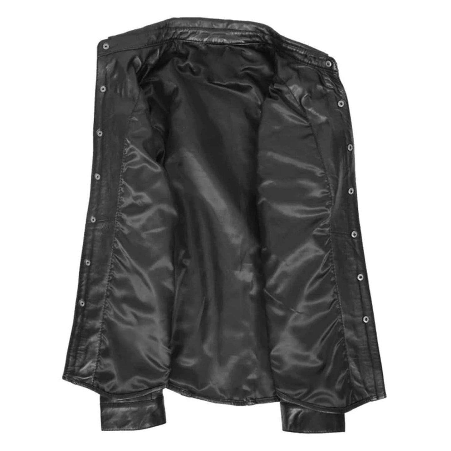 Interior view of the unbuttoned black leather trucker-style shirt for men revealing a premium smooth black satin lining and polished metal snaps