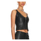 Three-quarter angled shot of a model wearing the structured black leather zip-up corset crop top, highlighting the seamless tailored fit and curved hemline