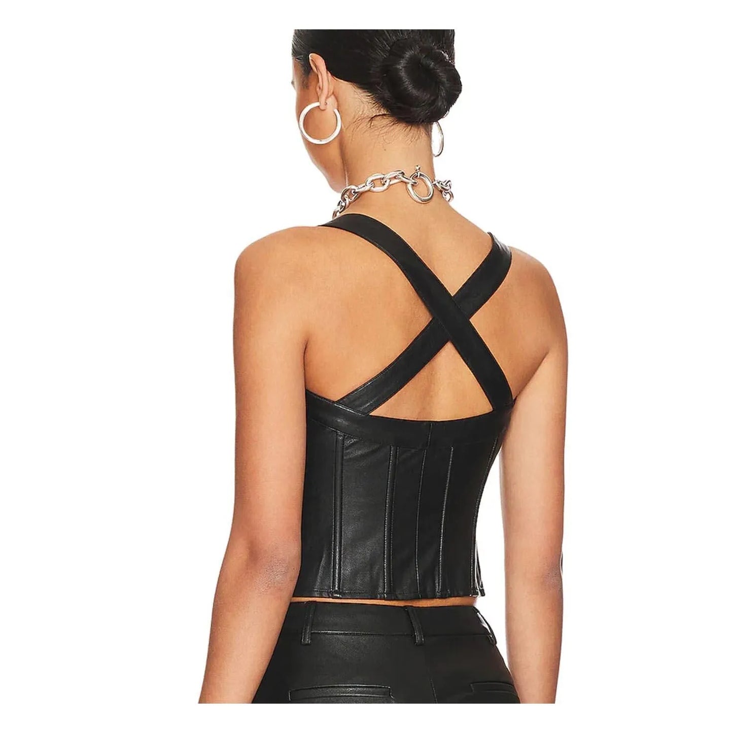 Back view of the women's black real leather corset top showcasing the open back design with wide, structural crisscross straps and vertical panel stitching
