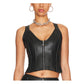 Front view of The Raven women's black genuine leather corset top featuring vertical boning panels, a plunging v-neckline, and a metallic front zipper closure