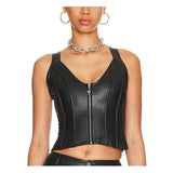 Front view of The Raven women's black genuine leather corset top featuring vertical boning panels, a plunging v-neckline, and a metallic front zipper closure