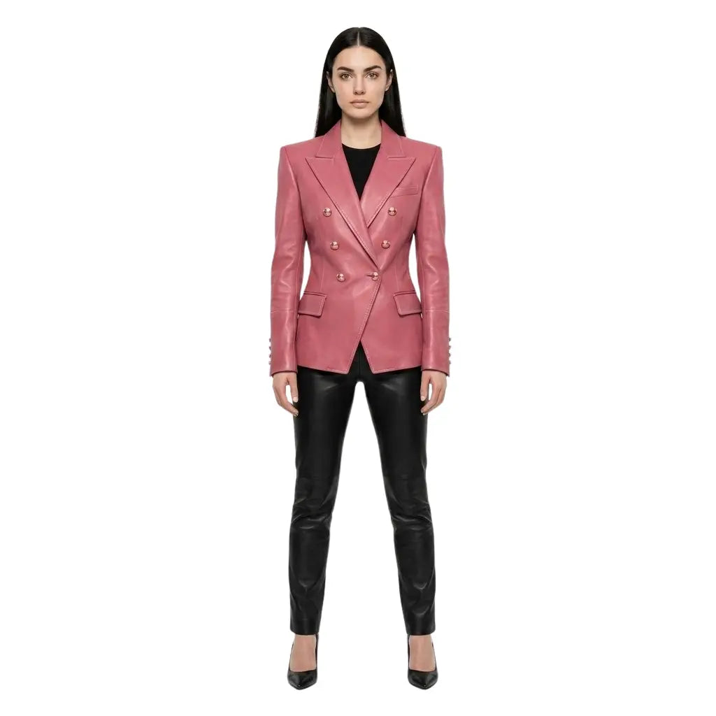 The Rose womens genuine dusty rose pink cowhide leather blazer front view double breasted rose gold buttons by Trico Gear