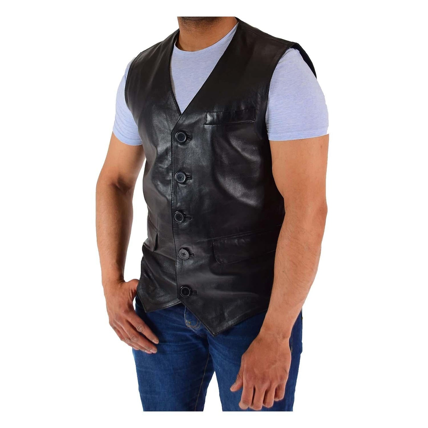 Three-quarter angled front view of The Sam Black Mens Real Leather Gilet Vest Waistcoat highlighting its structured tailoring and smooth leather finish