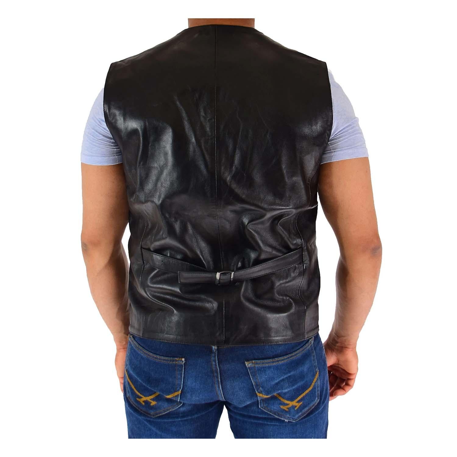 Back view of The Sam Black Mens Real Leather Gilet Vest Waistcoat showing the fitted vertical center seam and an adjustable waist cinch strap with a metal buckle