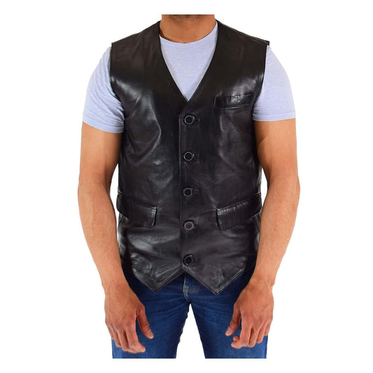 Front view of The Sam Black Mens Real Leather Gilet Vest Waistcoat featuring a deep V-neck cut, 5-button closure, single breast pocket, and front flap pockets