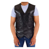 Front view of The Sam Black Mens Real Leather Gilet Vest Waistcoat featuring a deep V-neck cut, 5-button closure, single breast pocket, and front flap pockets