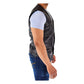 Side profile view of The Sam Black Mens Real Leather Gilet Vest Waistcoat revealing the comfortable armhole design, premium stitching, and side panel structure