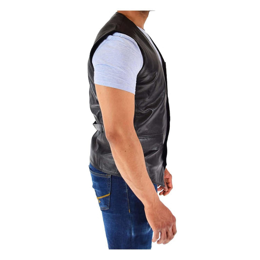 Side profile view of The Sam Black Mens Real Leather Gilet Vest Waistcoat revealing the comfortable armhole design, premium stitching, and side panel structure