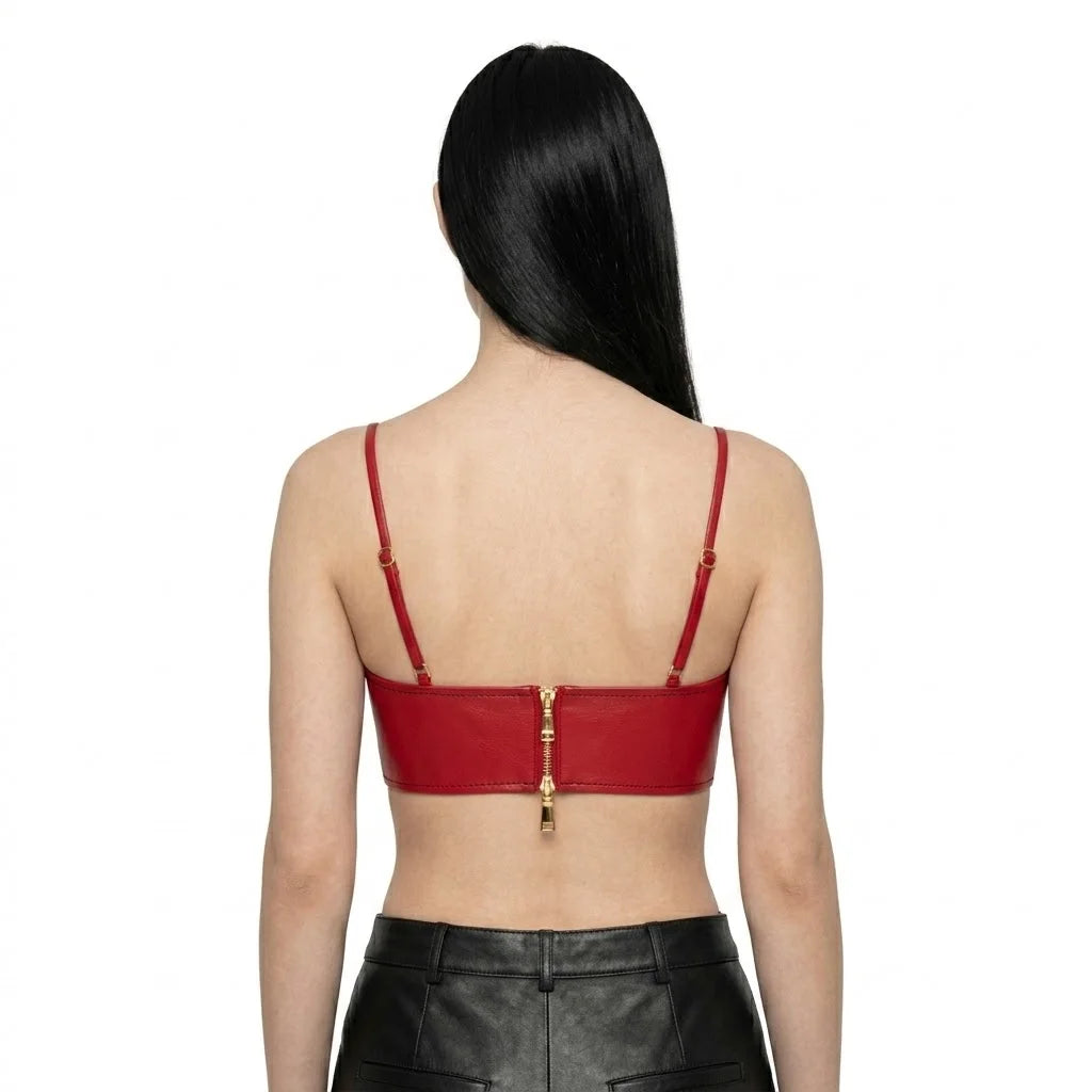 The Scarlet womens genuine cherry red cowhide leather bra top back view gold zip closure spaghetti straps by Trico Gear