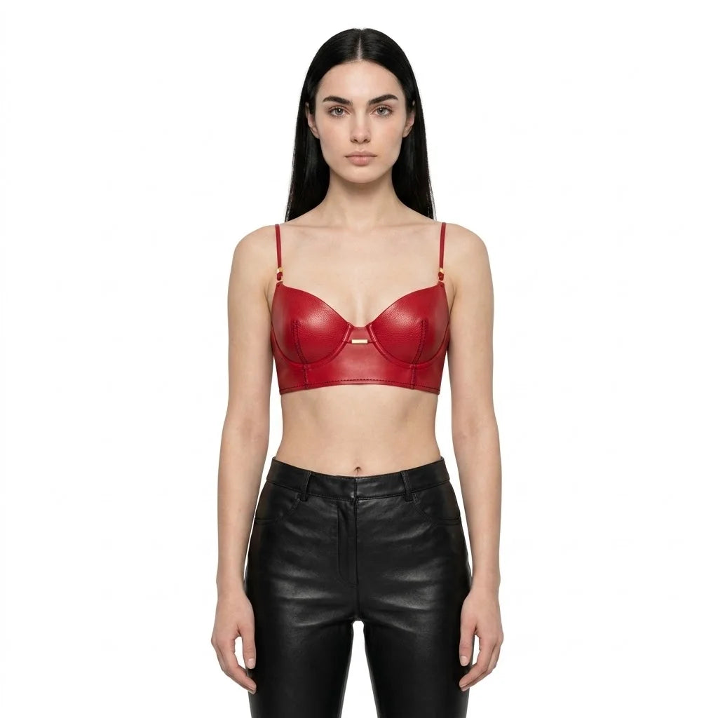 The Scarlet womens genuine cherry red cowhide leather bra top spaghetti straps gold center bar detail by Trico Gear