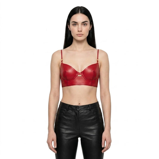 The Scarlet womens genuine cherry red cowhide leather bra top spaghetti straps gold center bar detail by Trico Gear