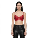 The Scarlet womens genuine cherry red cowhide leather bra top spaghetti straps gold center bar detail by Trico Gear