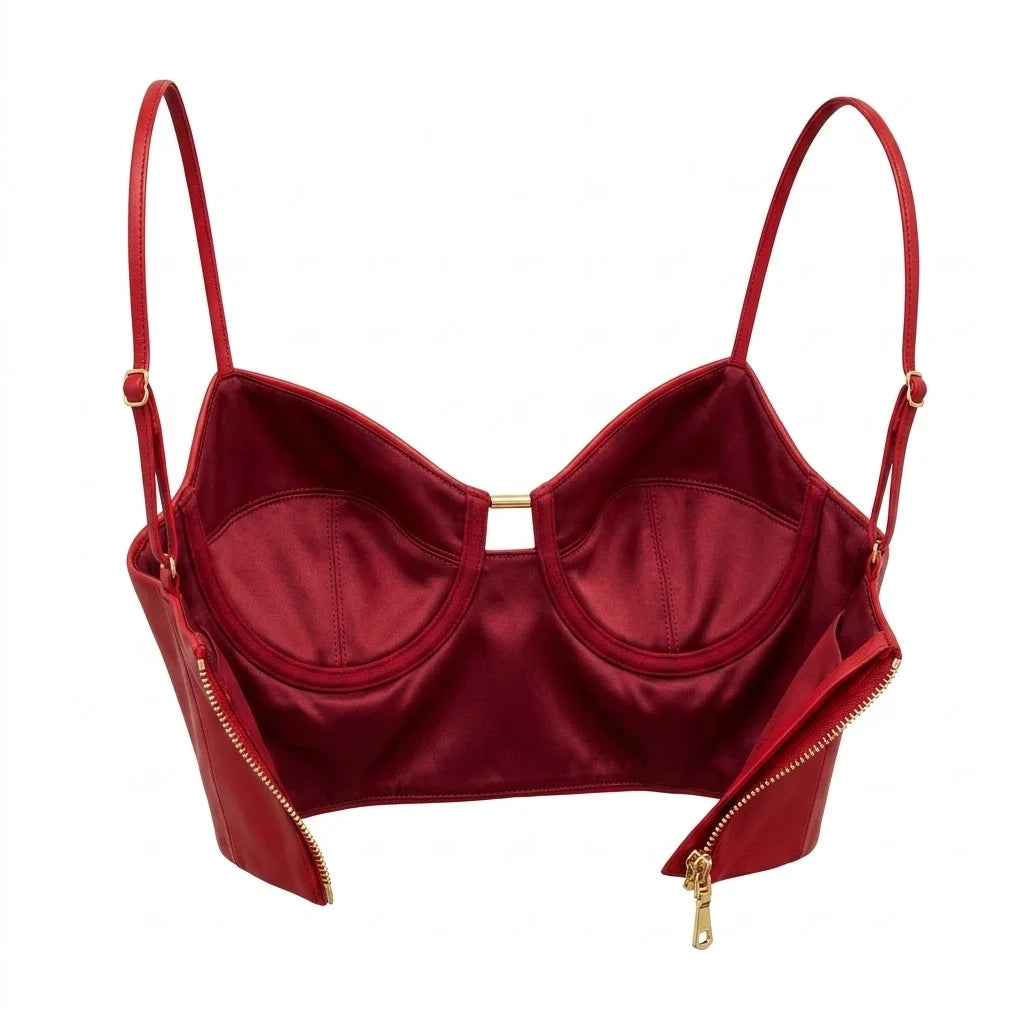 The Scarlet womens cherry red genuine leather bra top ghost mannequin inner red satin lining gold zip detail by Trico Gear