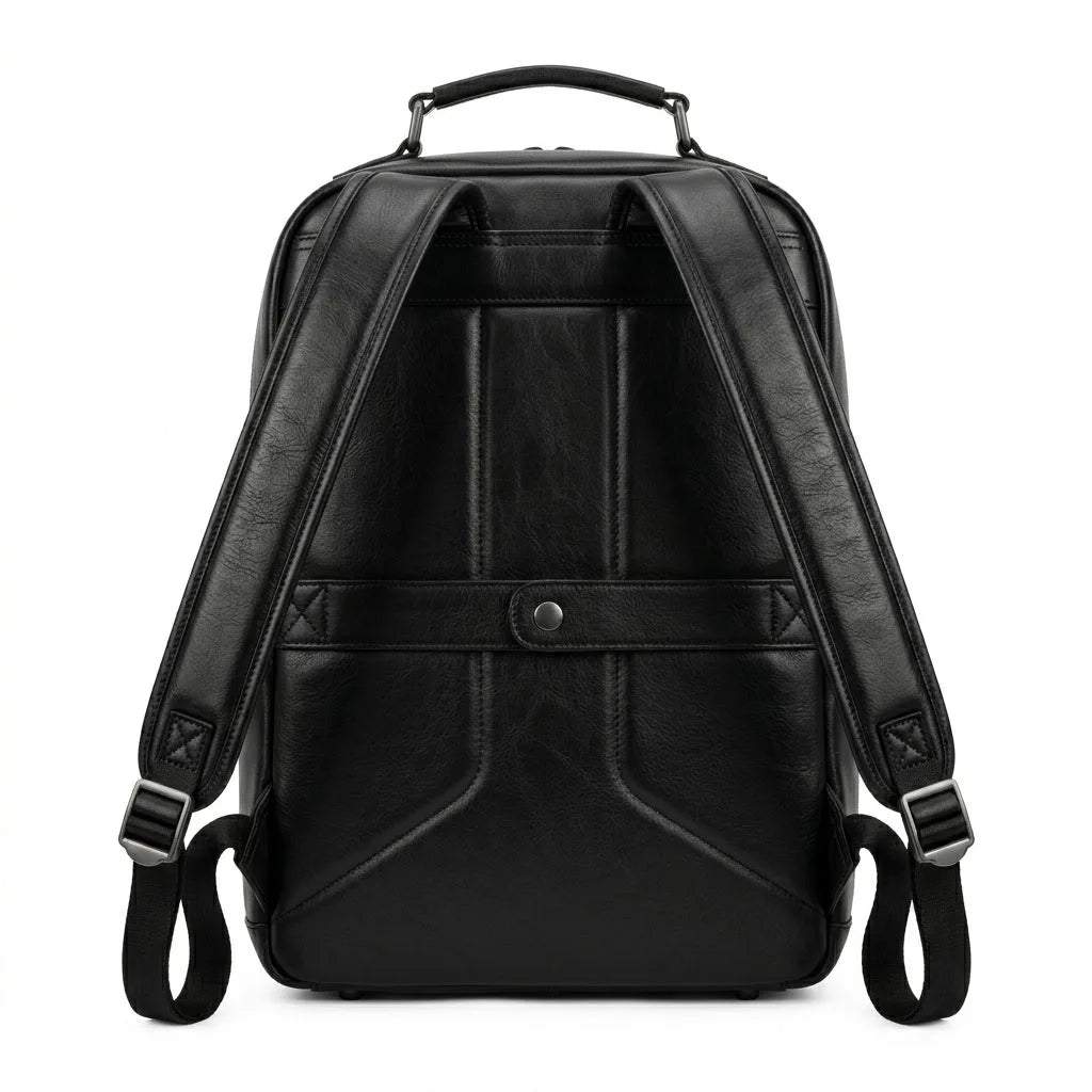 The Sterling genuine black cowhide leather backpack back view padded shoulder straps gunmetal adjusters by Trico Gear