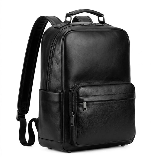 The Sterling genuine black cowhide leather backpack front view gunmetal hardware minimal design laptop sleeve by Trico Gear