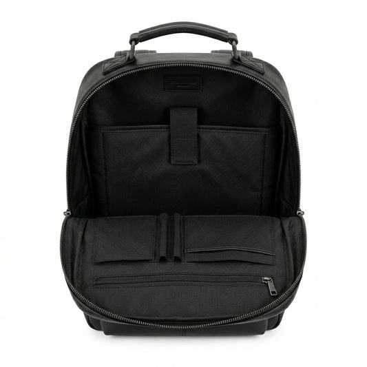 The Sterling genuine black leather backpack open interior black lining padded laptop sleeve organiser panel by Trico Gear