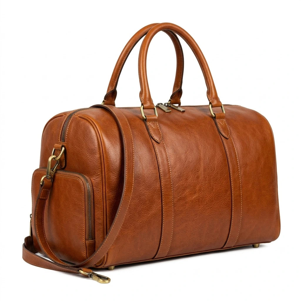 The Stratford genuine cognac brown cowhide leather duffle bag front view antique brass hardware rolled handles by Trico Gear