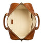The Stratford genuine brown leather duffle bag open interior showing cream canvas lining zippered pocket by Trico Gear