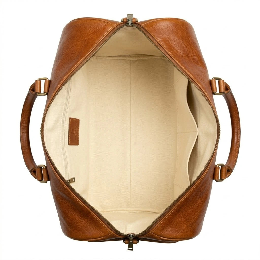 The Stratford genuine brown leather duffle bag open interior showing cream canvas lining zippered pocket by Trico Gear