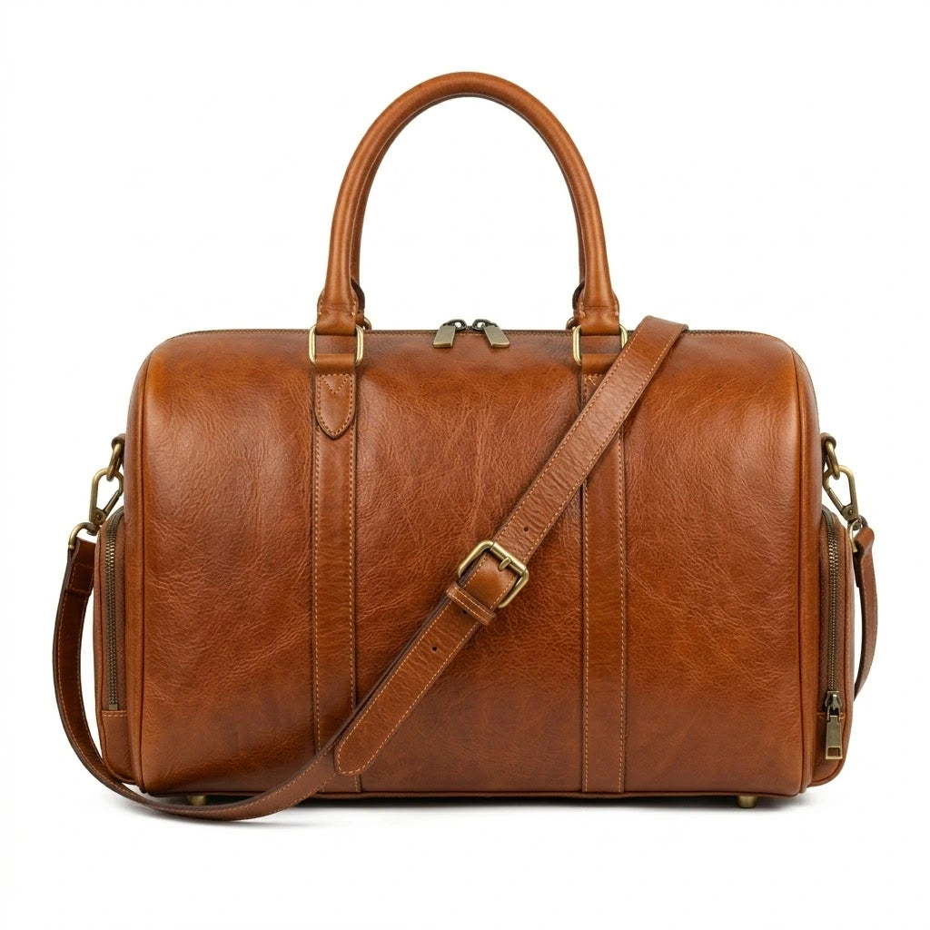 The Stratford genuine brown cowhide leather duffle bag side profile view adjustable shoulder strap end pockets by Trico Gear