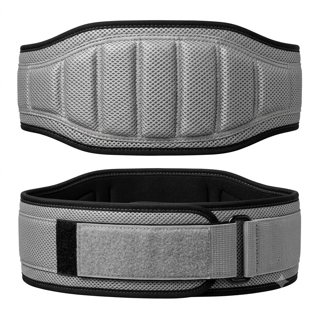 The Summit grey mesh weightlifting belt front and back view black binding contoured lumbar support velcro closure by Trico Gear