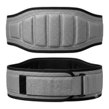 The Summit grey mesh weightlifting belt front and back view black binding contoured lumbar support velcro closure by Trico Gear