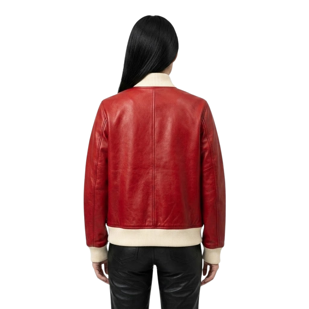 The Vale womens cherry red genuine leather varsity jacket inner cream ivory satin lining detail by Trico Gear
