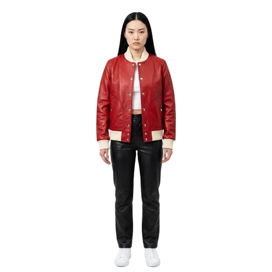 The Vale womens genuine cherry red cowhide leather varsity jacket front cream ribbed trim chrome snap buttons by Trico Gear