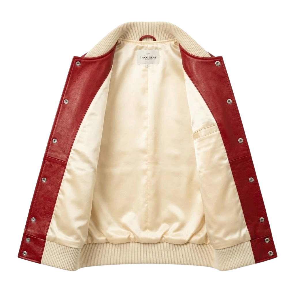 The Vale womens genuine cherry red cowhide leather varsity jacket back view cream ribbed hem and cuffs by Trico Gear