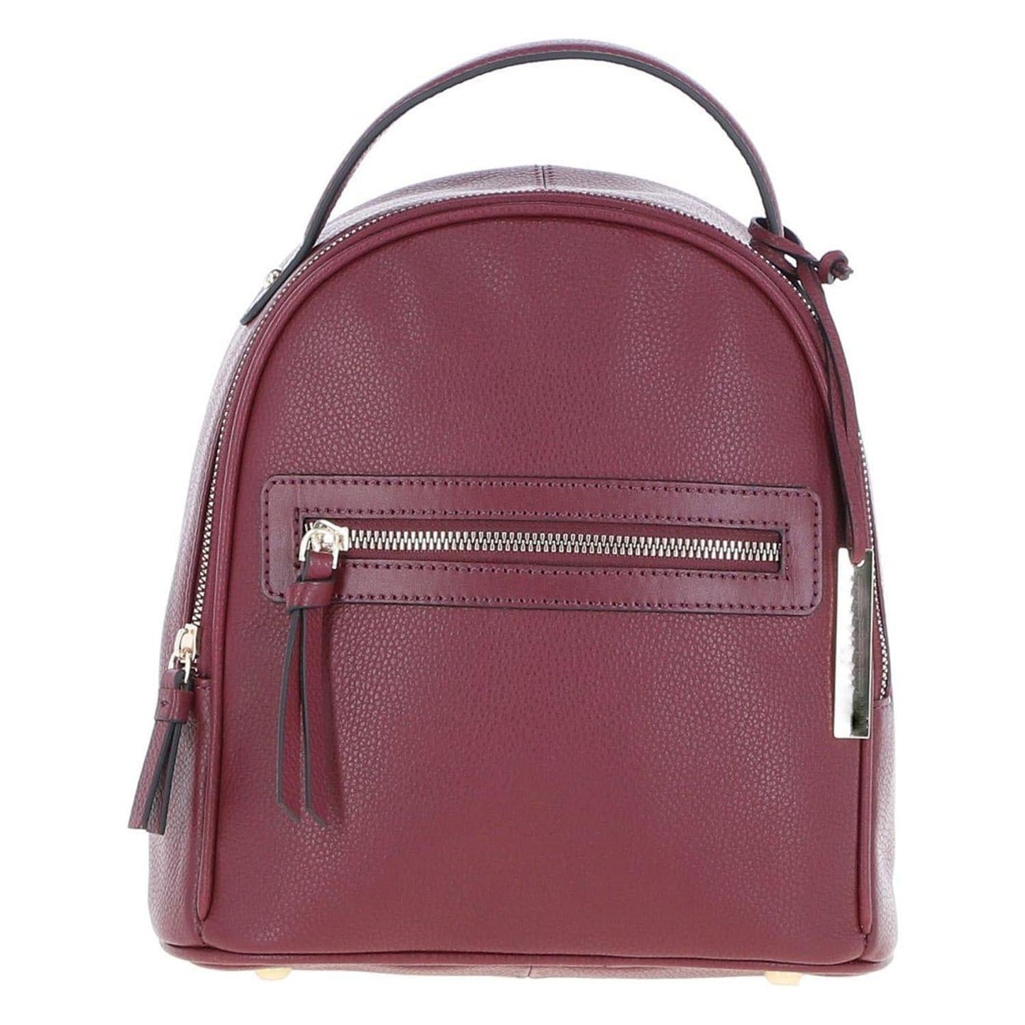 Front view of The Verona Real Leather Small Burgundy Backpack highlighting its premium pebbled leather texture, classic dome silhouette, top grab handle, and horizontal zipped pocket with long leather pulls